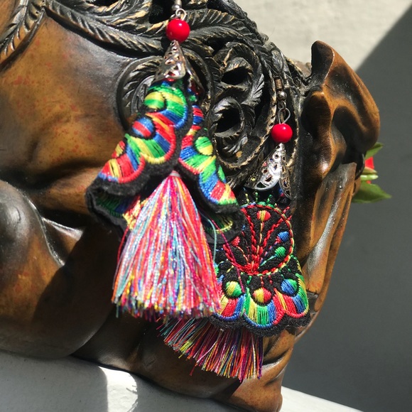 Beautiful Floral Boho Embroidered Tassel Earrings - Picture 8 of 8